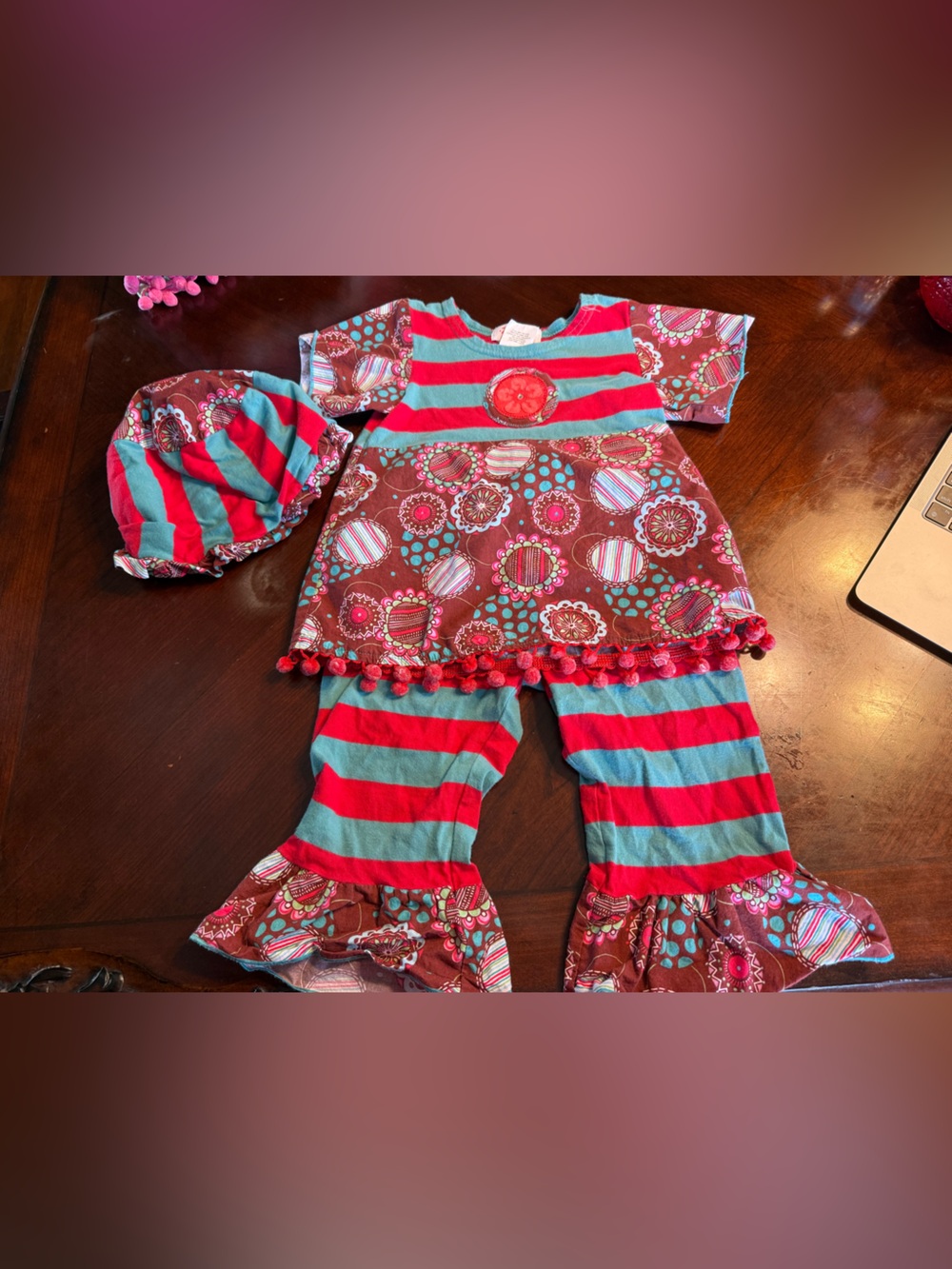 Zaza Couture Girls Red and Teal Striped Floral Set + Hat